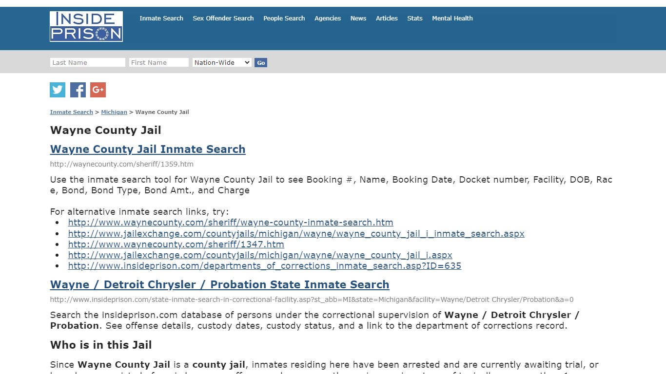 Wayne County Jail - Michigan - Inmate Search